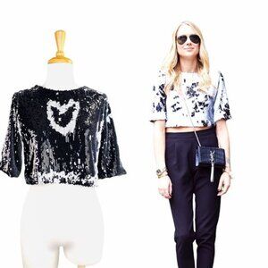 Lucy Paris Crop Top Reversible Sequins Black and White Party Top Size S NWOT